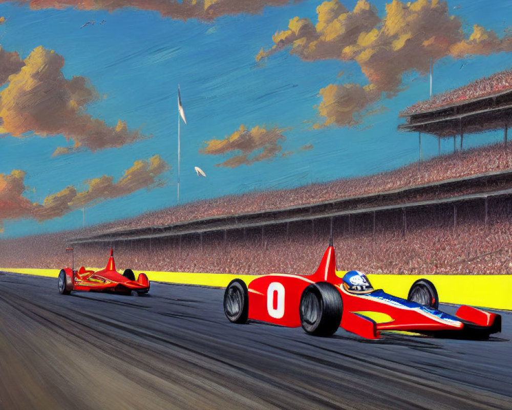 Illustration of two red race cars on track with "0" numbers, spectator stand, cloudy sky