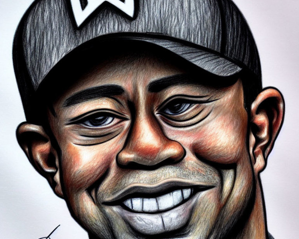 Detailed pencil caricature of smiling man with "UT" logo cap