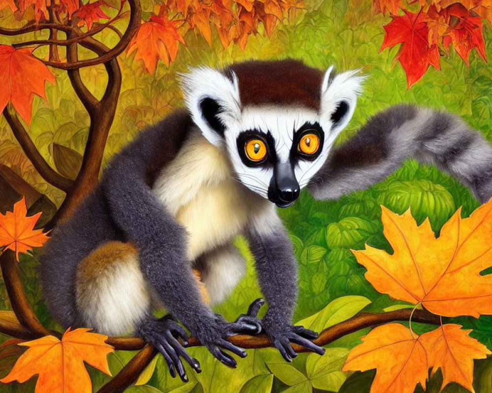 Ring-tailed lemur on tree branch with autumn leaves