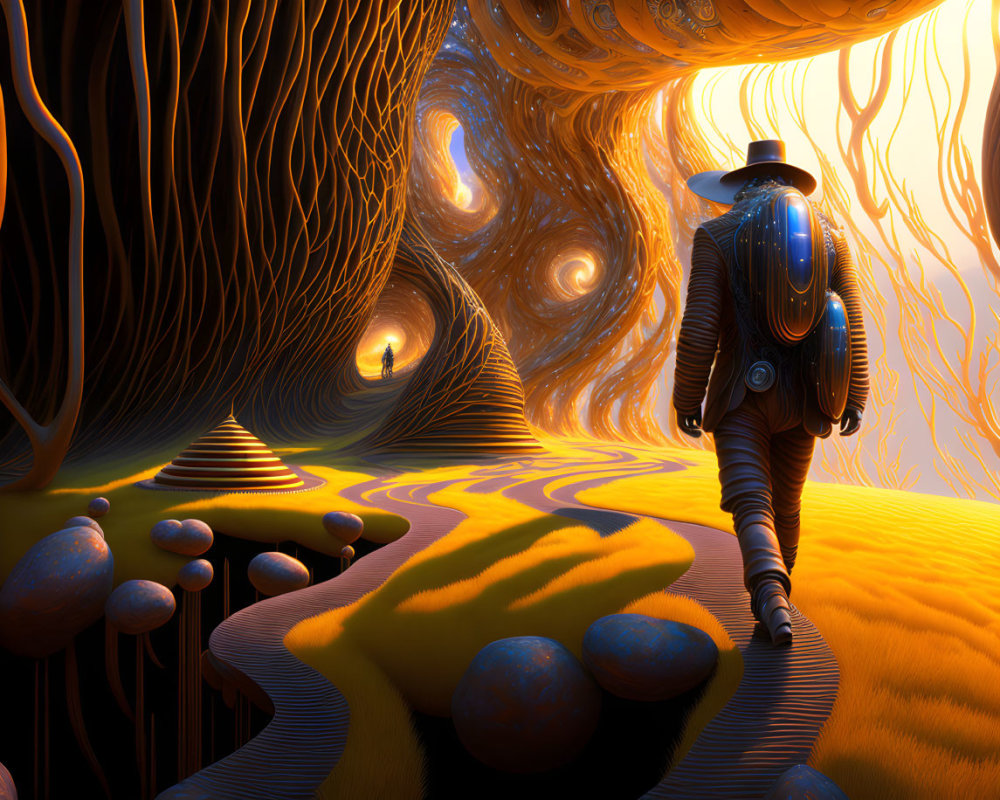 Surreal landscape with astronaut, swirling pathways, towering trees, and glowing orbs