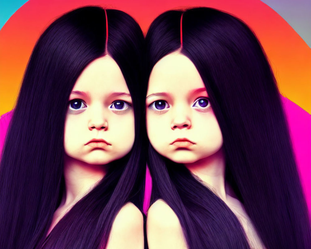 Identical dolls with long black hair and melancholic expressions on vibrant background