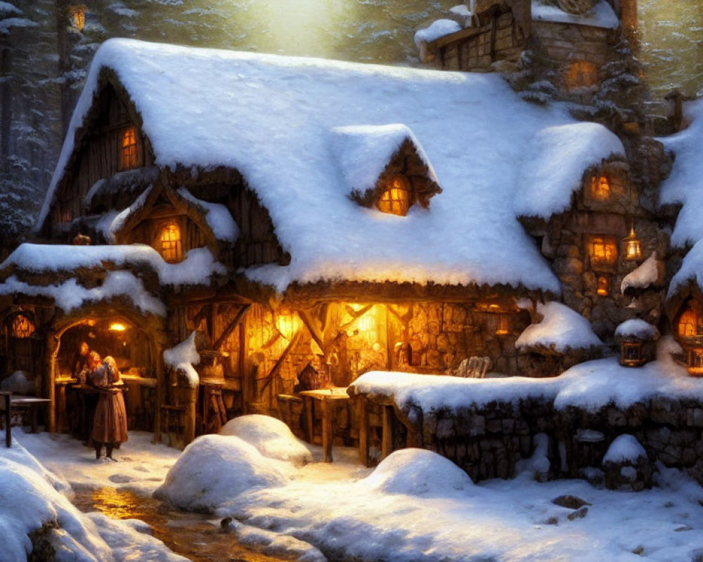 Snow-covered cottage with glowing windows and figures conversing in serene wintry evening