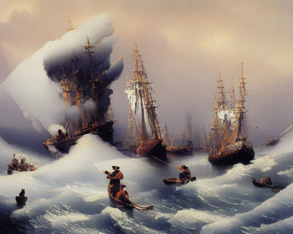 19th-Century Ships Trapped in Icebergs with Rowboats and People