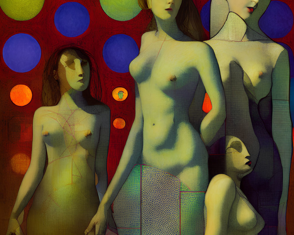 Four stylized female figures in abstract art with elongated features and colorful circles.