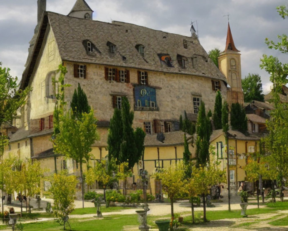 Medieval stone building with clock in serene village square