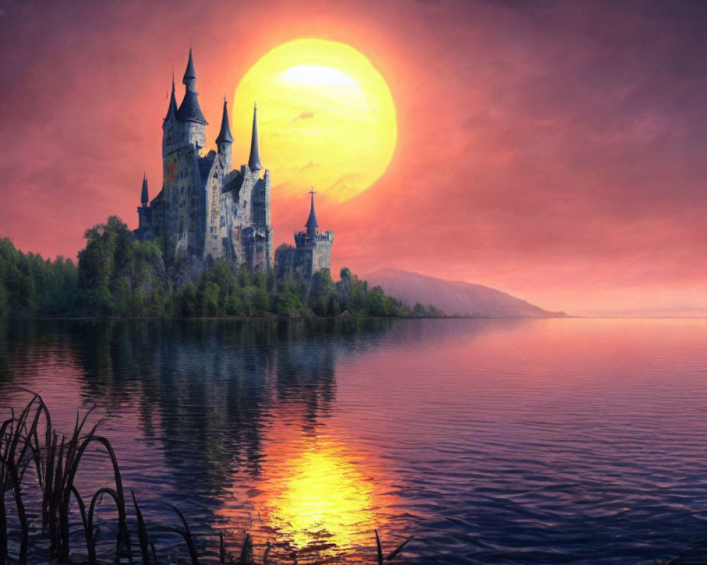 Sunset Fairytale Castle by Serene Lake & Large Sun