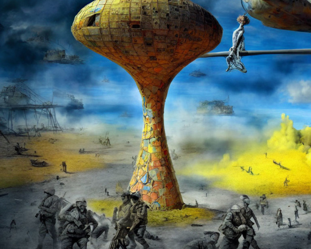 Surreal combat scene with soldiers, mushroom structure, ships, and descending figure