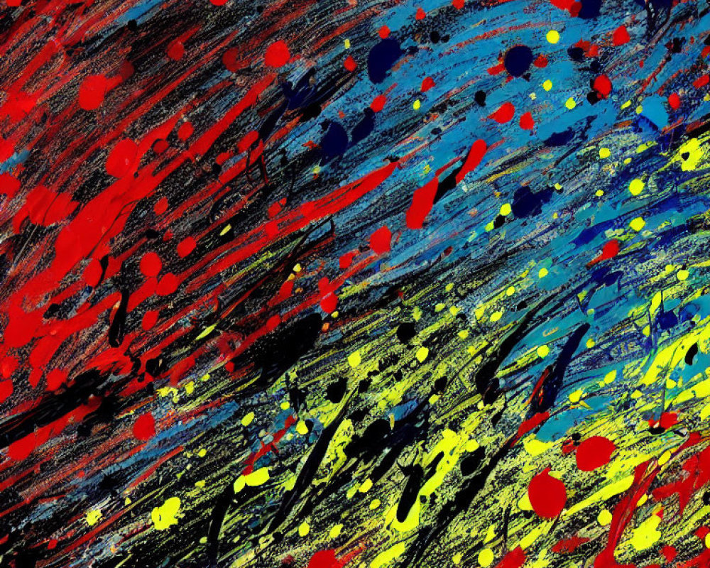 Vibrant red, blue, and yellow streaks on textured black canvas