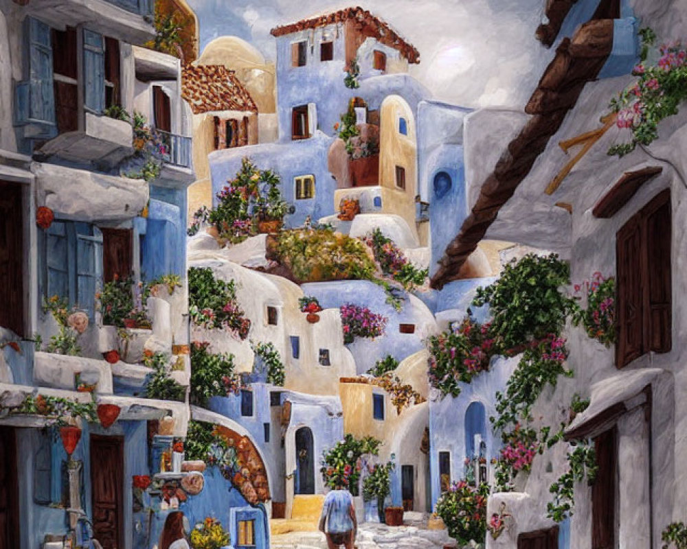 Colorful painting of cobblestone street with traditional houses and figures.