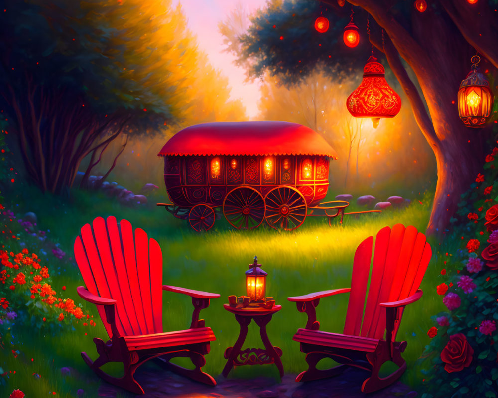 Red Adirondack chairs, table, lantern in magical garden with cozy caravan, trees, lantern