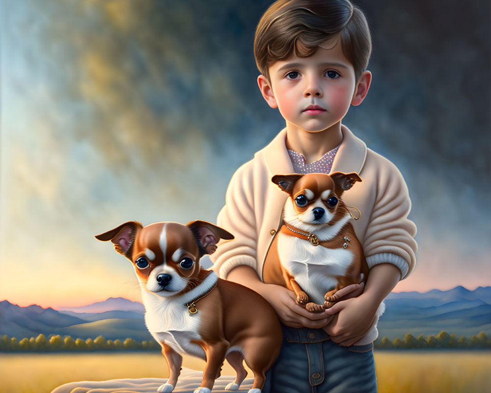 Young boy with Chihuahuas in sunset field landscape