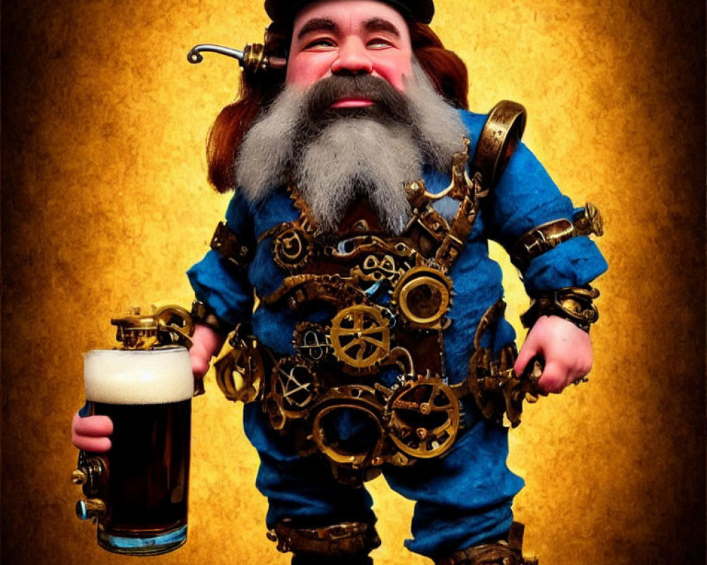 Fantasy character with beard, gears, and beer mug in whimsical illustration