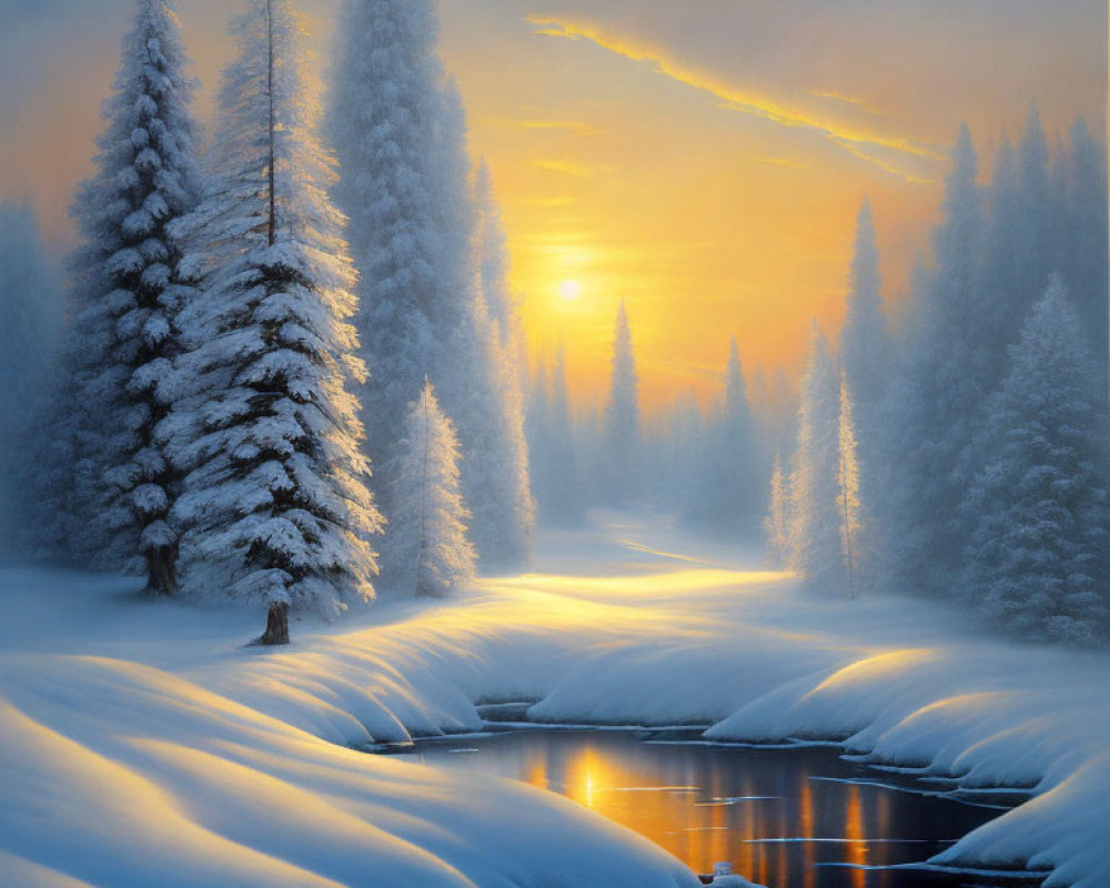 Winter sunset scene: snow-covered landscape with river, frosted pine trees, and glowing sky