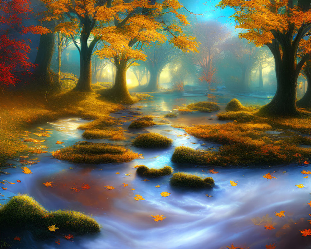 Tranquil Autumn Forest Stream with Vibrant Foliage