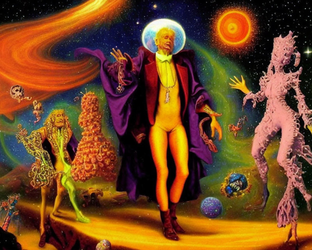 Alien figures in cosmic scene with halo against starry backdrop