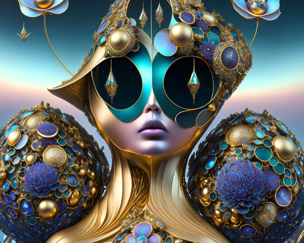 Surreal portrait with golden headgear and floral motifs against starry backdrop