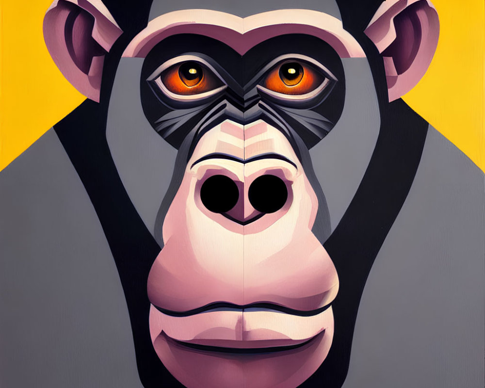 Vibrant chimpanzee face illustration with geometric shapes on yellow backdrop