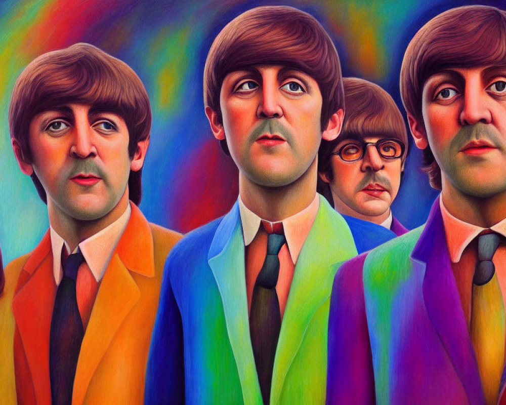 Vibrant psychedelic portrait of a famous band in 60s style