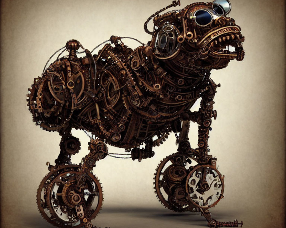 Steampunk mechanical bulldog with gears, pistons, cogs, goggles, and clockwork