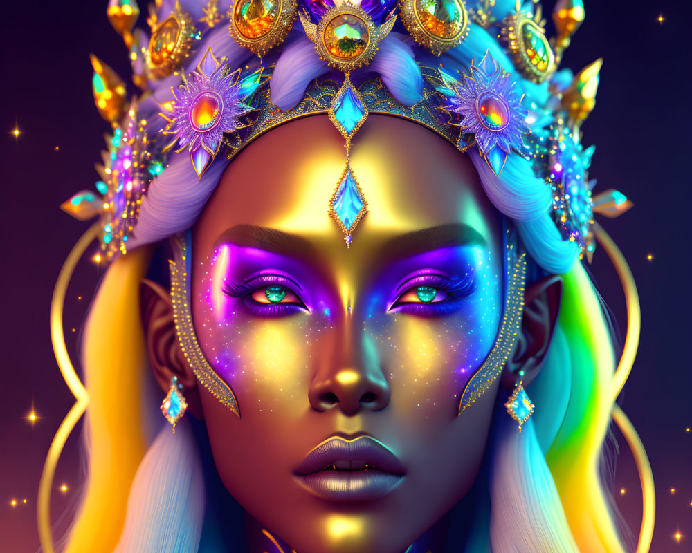 Digital portrait of a woman with luminous skin and golden crown.