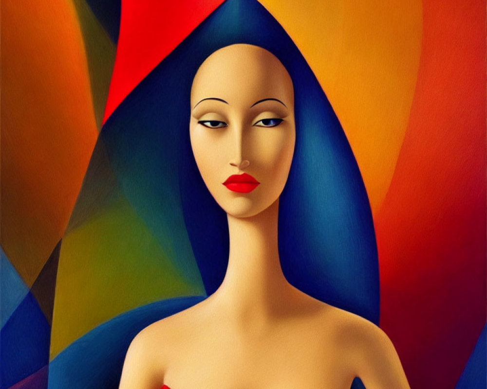 Surrealist portrait of a woman with stylized features on multicolored background