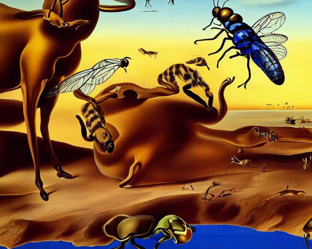 Surreal landscape: Giant insect camels on dunes, orange sky, flying insects, distant