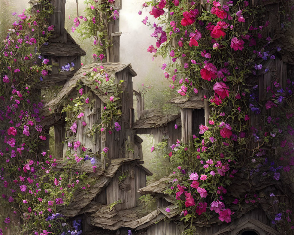 Dilapidated wooden treehouse in mystical forest with purple and pink flowers