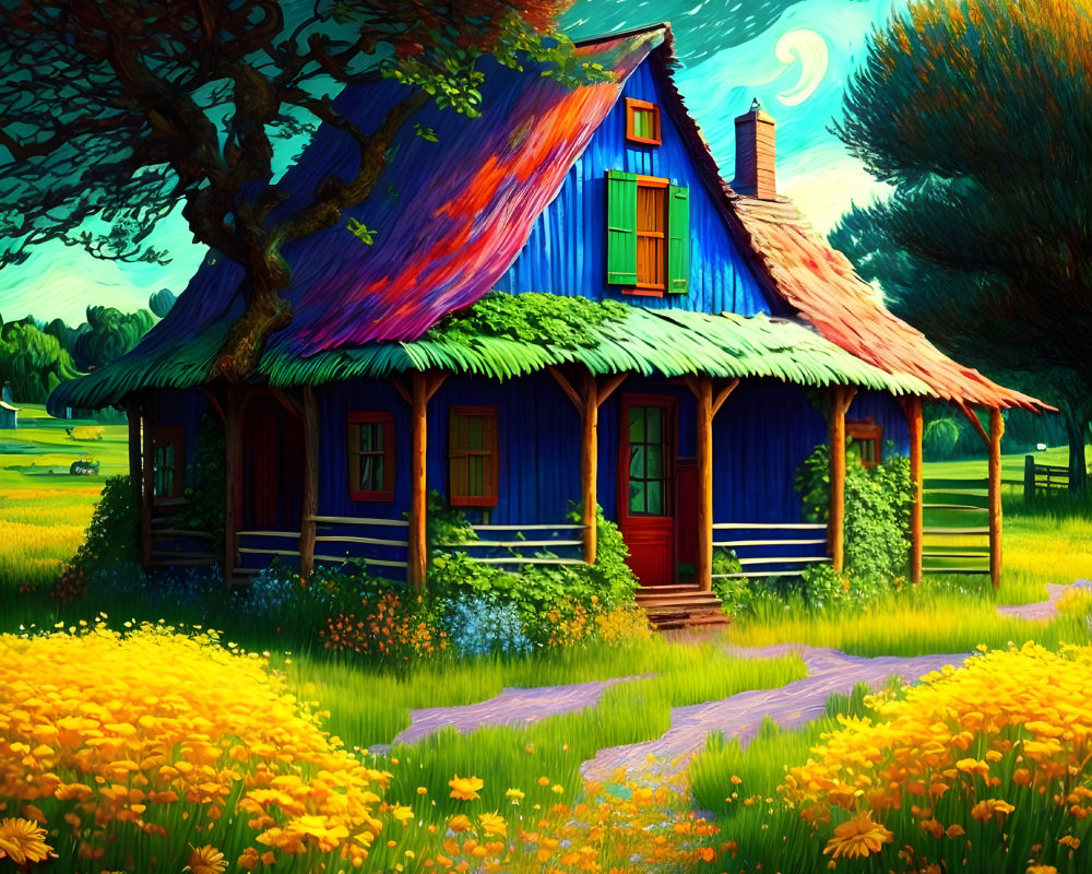 Colorful Cottage Illustration with Moonlit Sky and Flowers