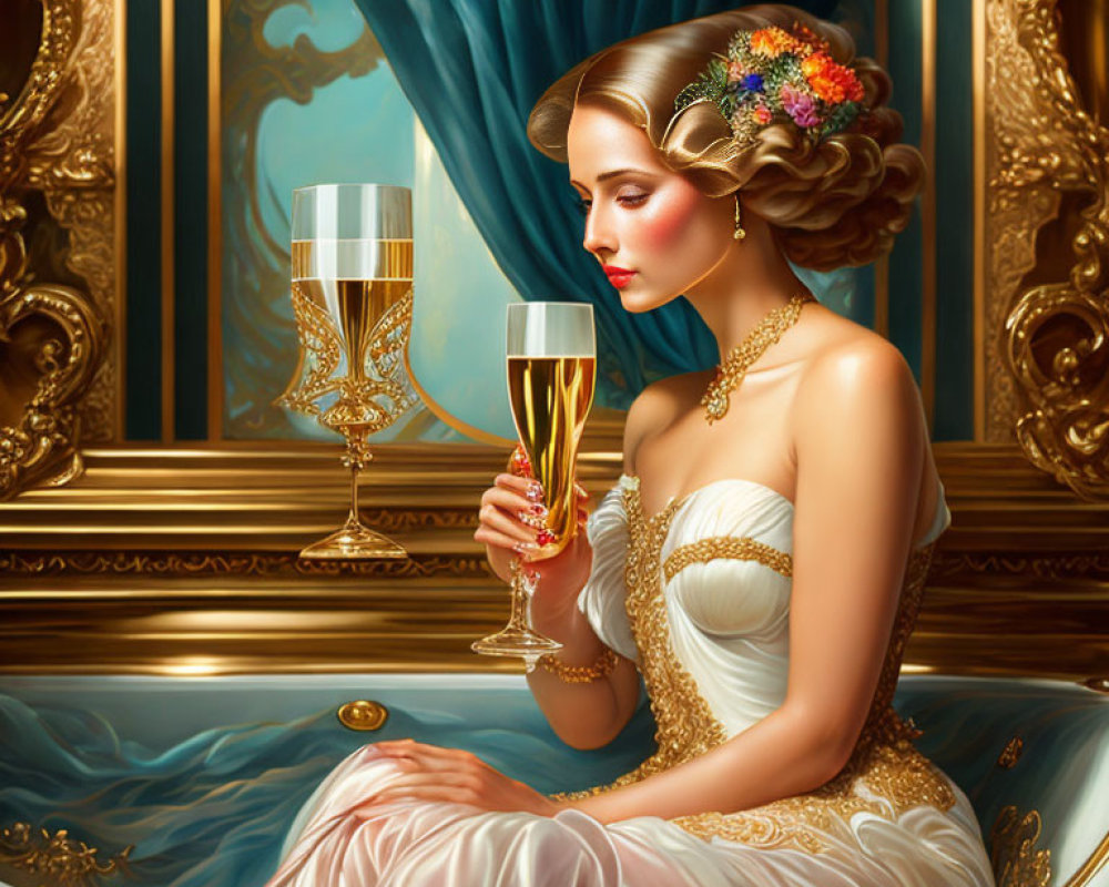 Vintage-style woman with champagne glass near luxurious bathtub