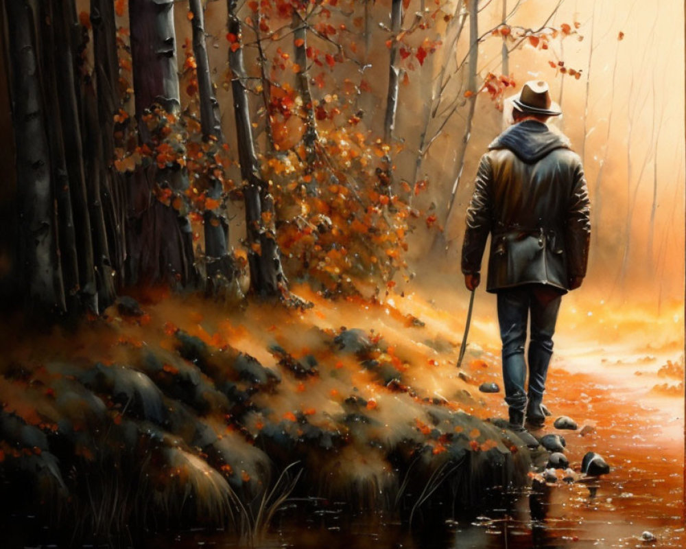 Person in Hat and Coat Walking by Autumnal River in Forest