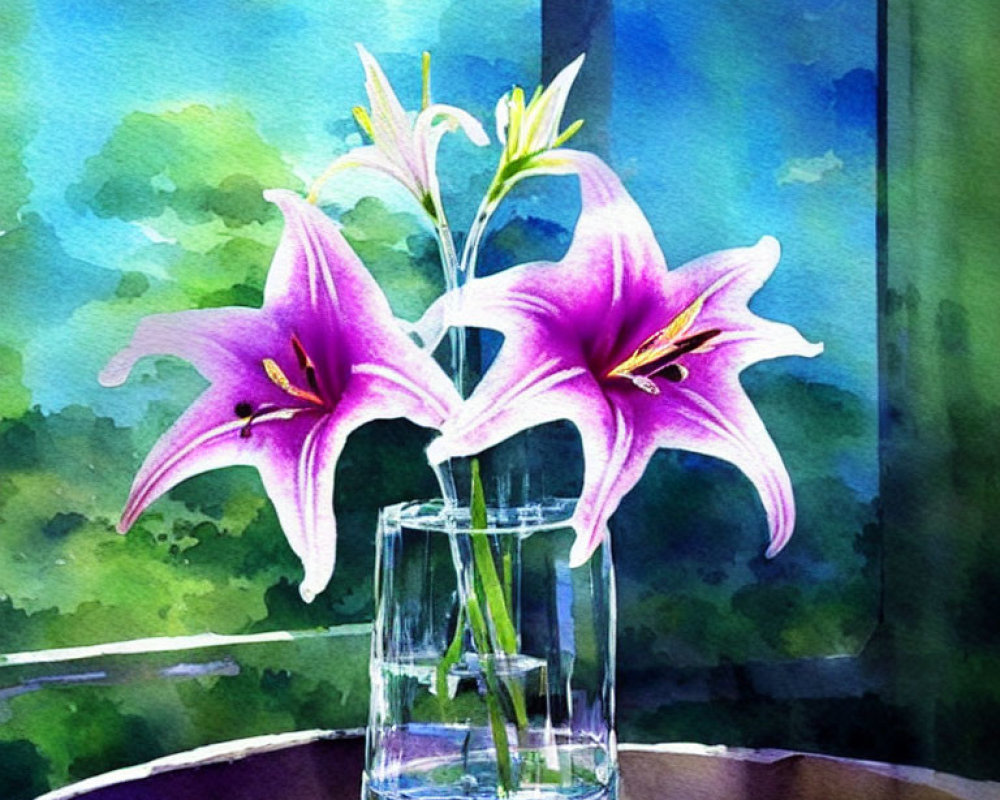 Vibrant pink lilies in a clear glass vase on a table with a green background