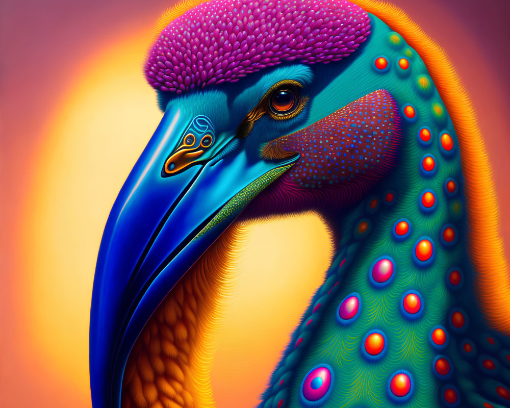 Colorful bird illustration with purple crest and blue beak on warm background