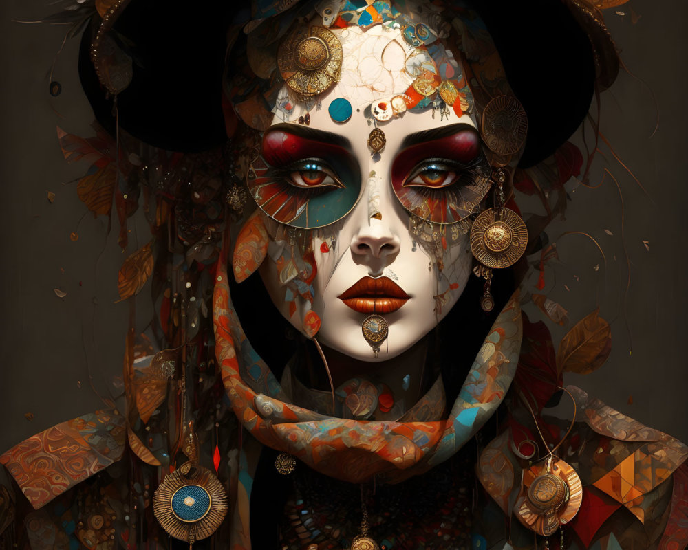 Stylized portrait featuring ornate makeup and accessories