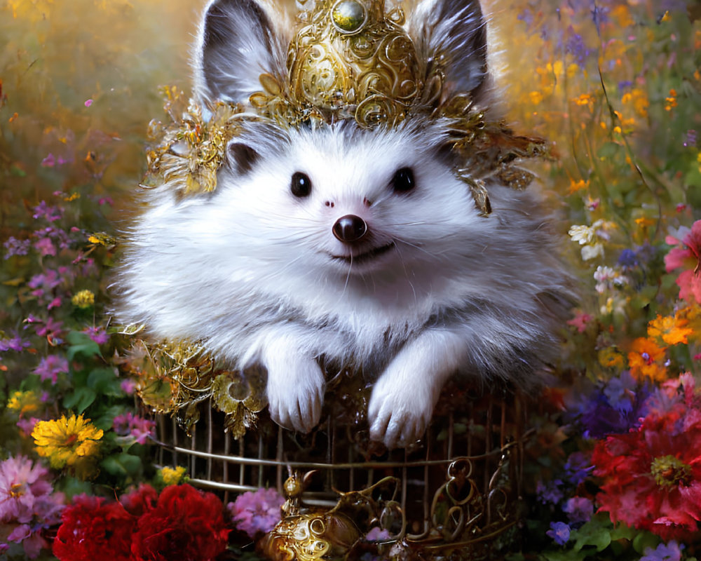 Fluffy white creature with fox-like face in golden crown emerges from cage among vibrant flowers