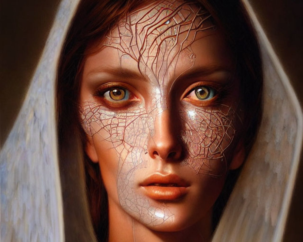 Woman with hood and intricate face patterns and luminous eyes