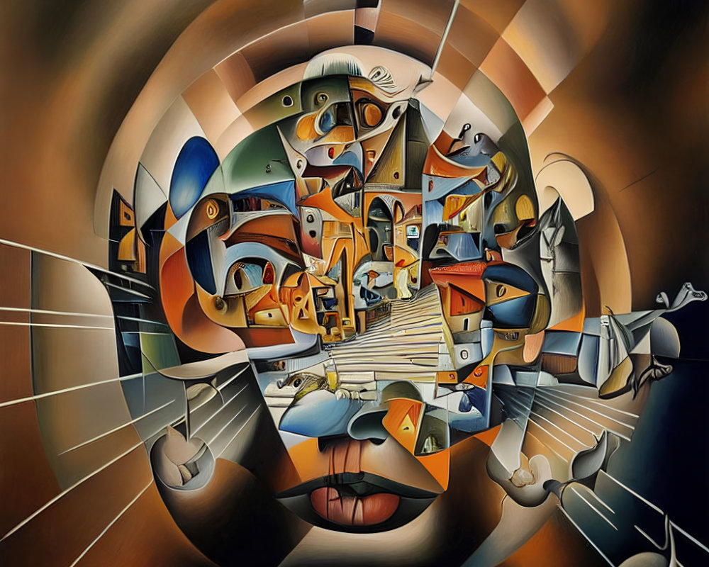 Colorful Cubist and Surrealist Abstract Face with Swirling Colors and Fragmented Shapes