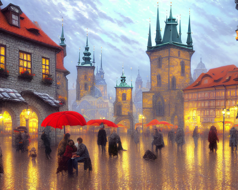 Rainy city square with umbrellas, historic buildings, and glowing lights on wet cobblestones