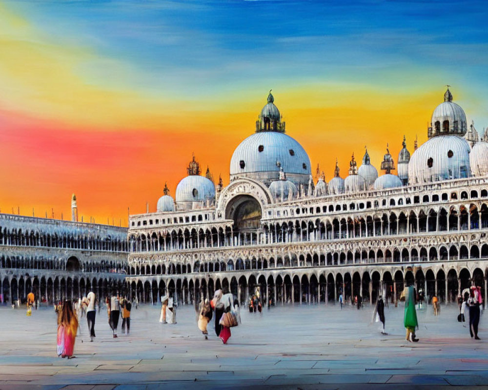 Vibrant sunset at Piazza San Marco with tourists and St. Mark's Basilica, Venice