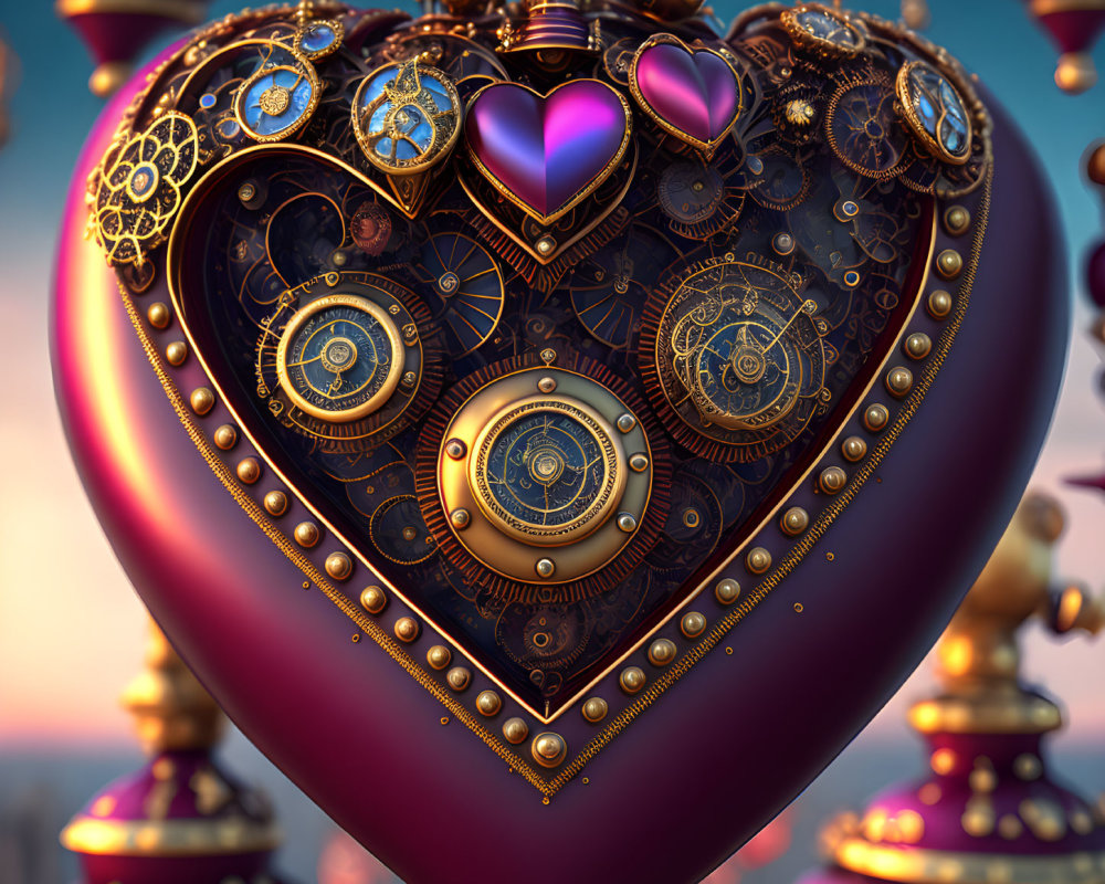 Ornate mechanical heart with gears and golden details on blurred backdrop