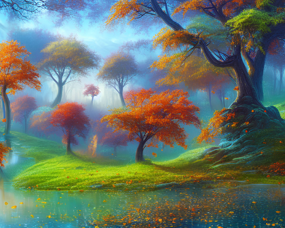 Colorful autumn trees reflecting in tranquil lake in misty landscape