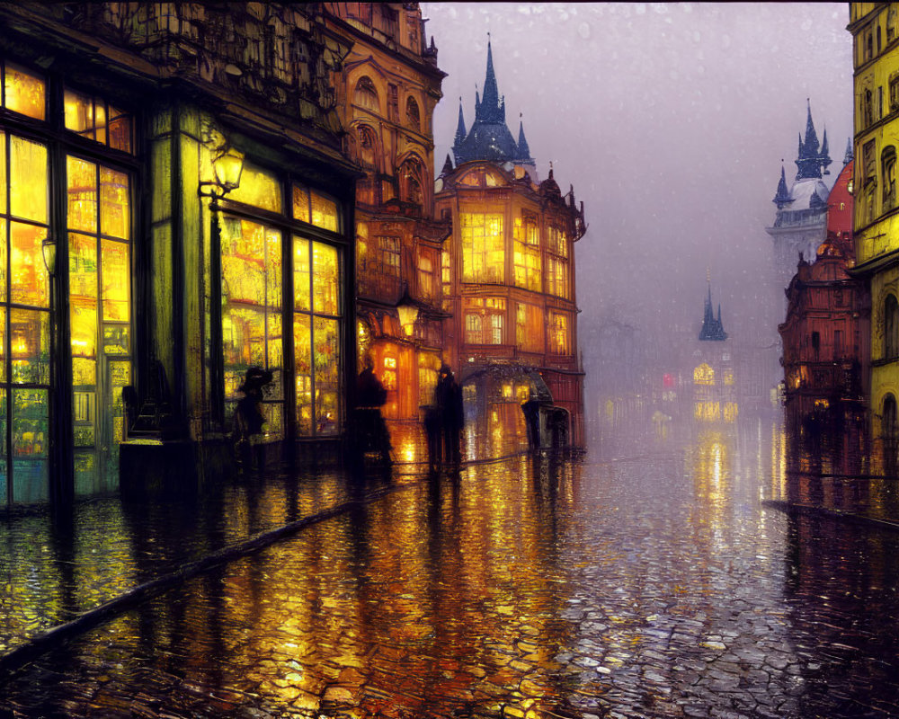 Historic European town at dusk with rain-soaked streets