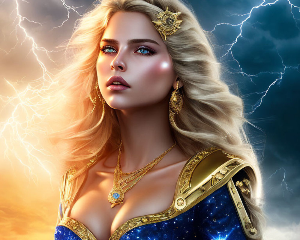 Blond-Haired Female Figure in Golden Armor Against Stormy Background