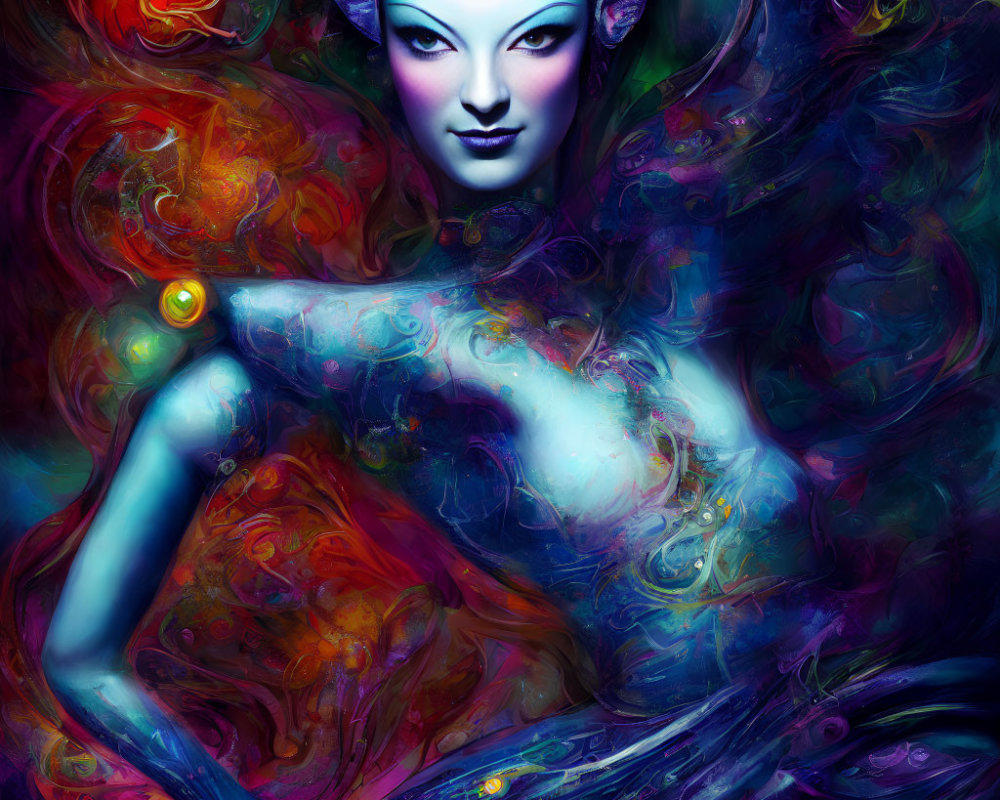 Vibrant digital artwork: Fantasy creature with blue skin and colorful patterns