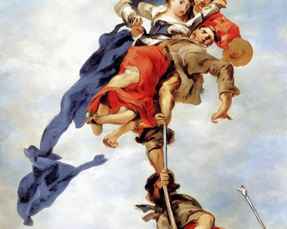 Three Figures Ascending Through Clouds with Spear and Flag in Painting