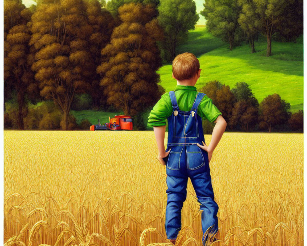 Young boy in overalls gazes at red tractor in golden wheat field