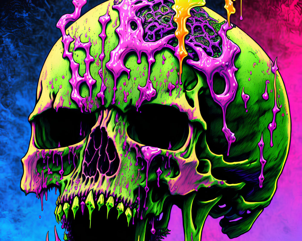 Vibrant skull digital art with neon melting effects on textured blue and pink backdrop