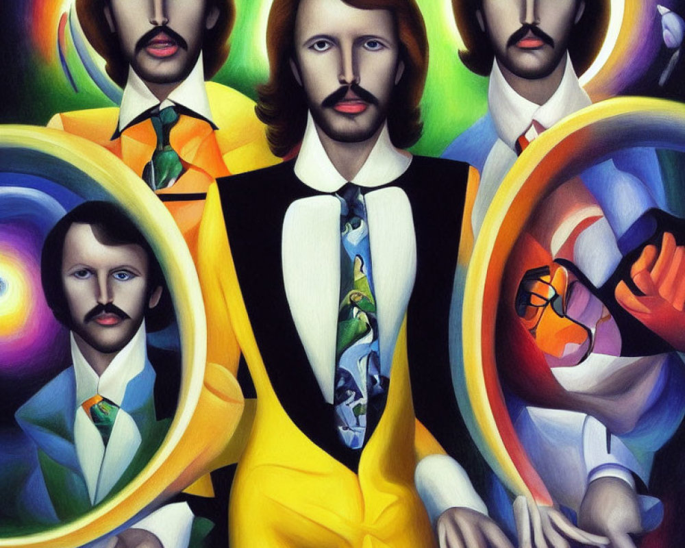 Colorful Surrealistic Painting of Four Identical Men in Suits