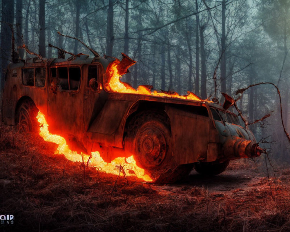 Armored vehicle ablaze in forest with humanoid figures in red haze