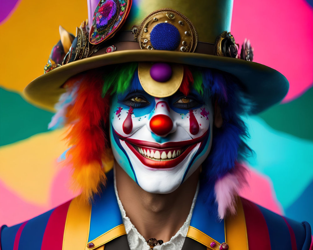 Vibrant Clown with Colorful Costume and Top Hat on Rainbow Background