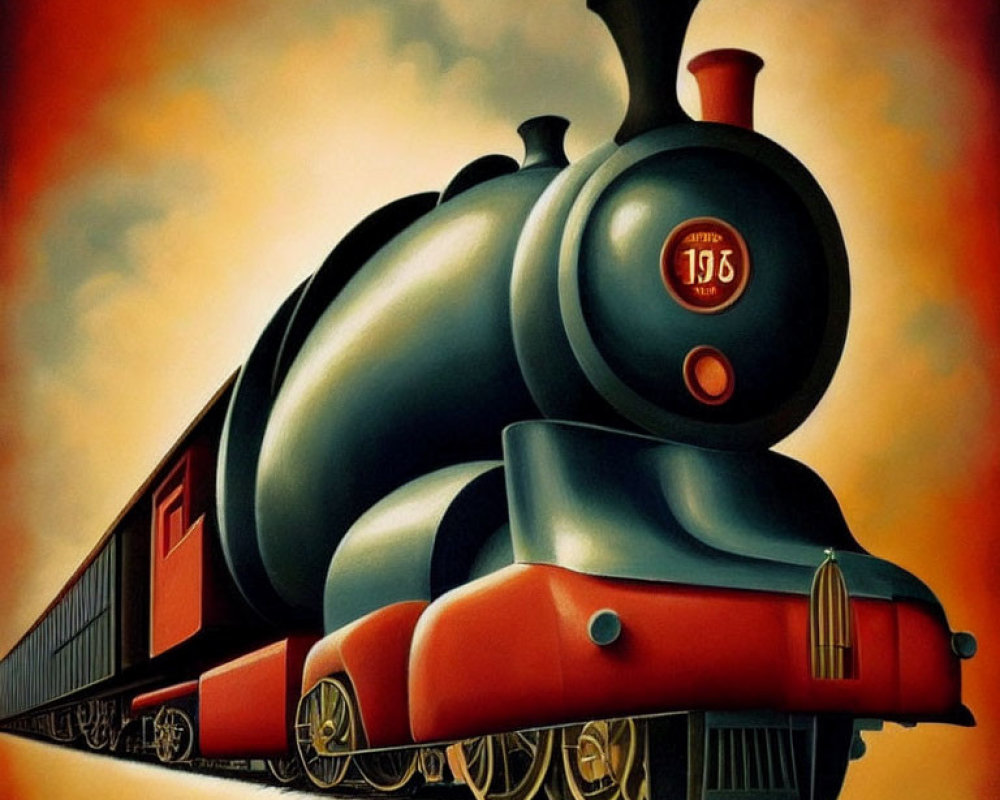 Detailed depiction of red and black steam locomotive number 196 on tracks with billowing smoke